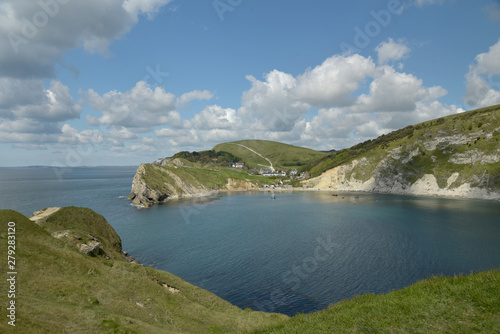 View over Lulworth Cove rock formations and strata on the Dorset coast