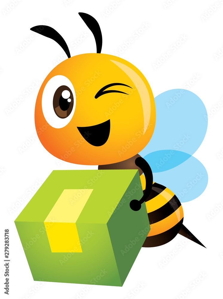 Cartoon cute bee carries a big green box for delivery service. - Vector mascot character isolated Cartoon cute bee carries a big green box for delivery service. - Vector mascot character isolated