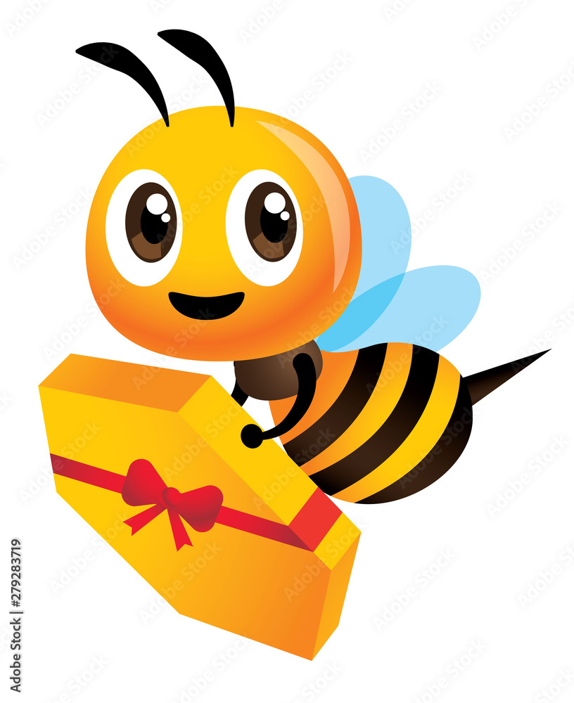 Cartoon cute bee carries a huge honeycomb for delivery. Honeycomb gimmick for customer. Vector illustration isolated Cartoon cute bee carries a huge honeycomb for delivery. Honeycomb gimmick for customer. Vector illustration isolated