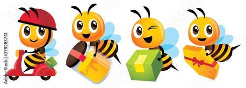 Cartoon cute bee mascot set. Cartoon cute bee deliver product set. Cute bee ride scooter, cute bee carry organic honey bottle - Vector character illustration isolated