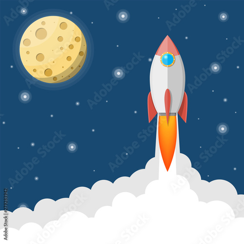 Cartoon rocket in the sky. Space ship take off. Business startup concept. Full moon in night sky with stars. Astronomy, science, nature. Space exploration. Vector illustration in flat style
