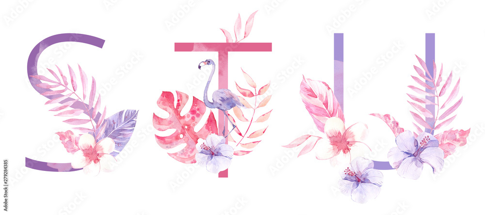 Watercolor Hand Drawn tropic letters monograms or logo. Uppercase S, T, U with jungle herbal decorations. Palm and monstera leaves, flowers and flamingo.