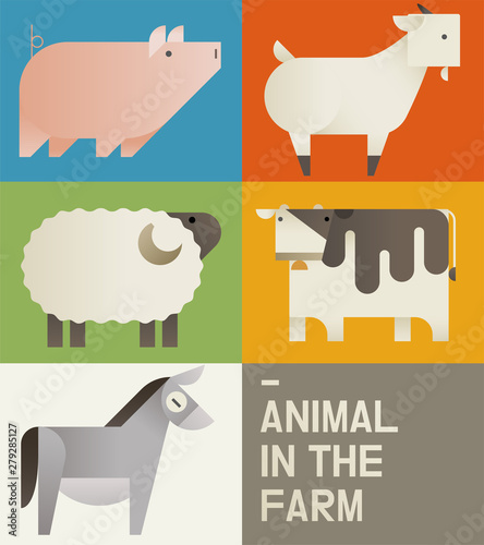 Cute farm animals card. flat design style minimal vector illustration.