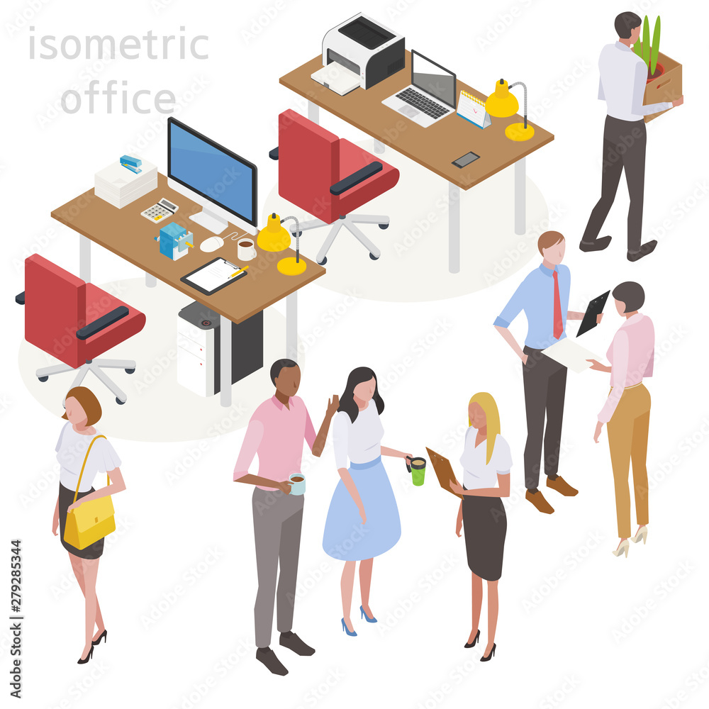 Desk with office staff and office supplies. Isometric design. flat design style minimal vector illustration.