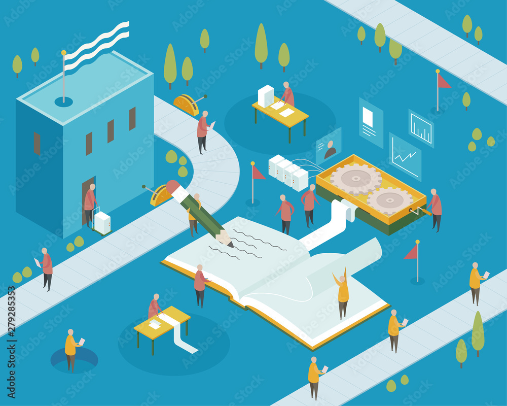 Obraz premium Little people in a book factory. Isometric design. flat design style minimal vector illustration.