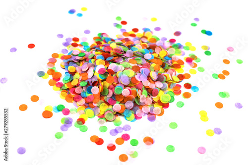Heap of multicolored confetti isolated on white.