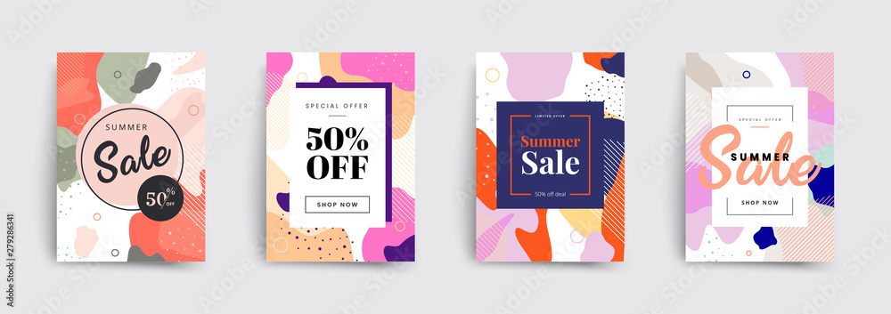 Set of sale brochures templates. Memphis covers design. Trendy colorful bubble shapes composition. Vector backgrounds. - obrazy, fototapety, plakaty 
