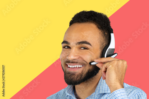 Corporate Professional Call Centre Agent with headphones on his head