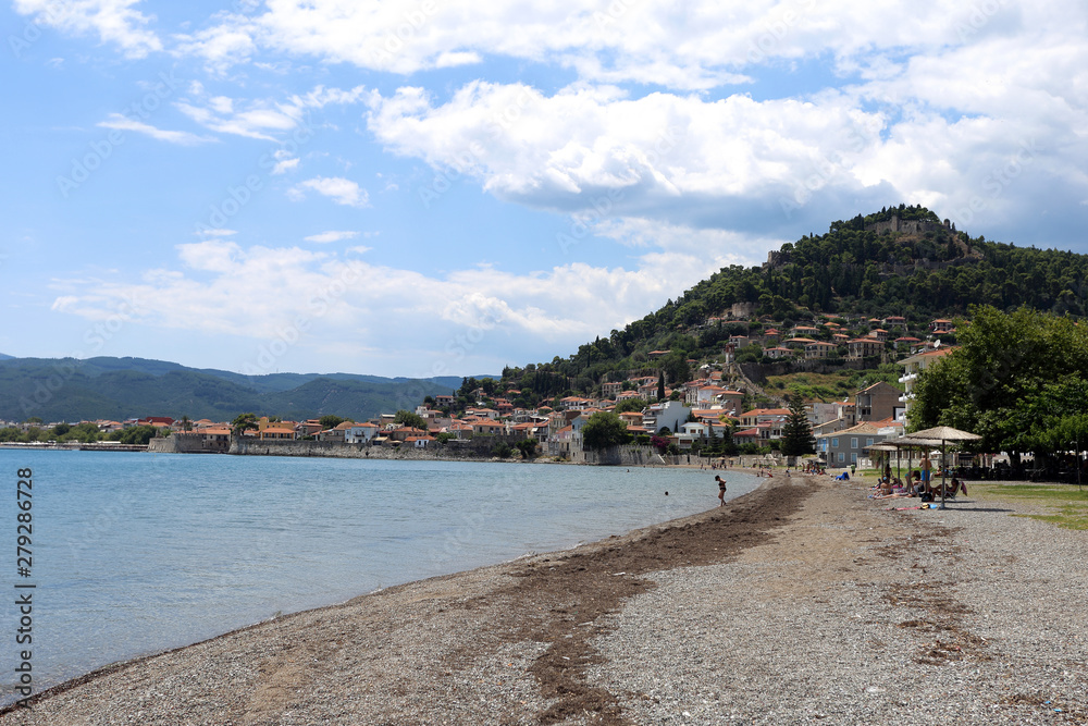 Lepanto, Greece - 18 July 2019: panorama of the village seen from the beach