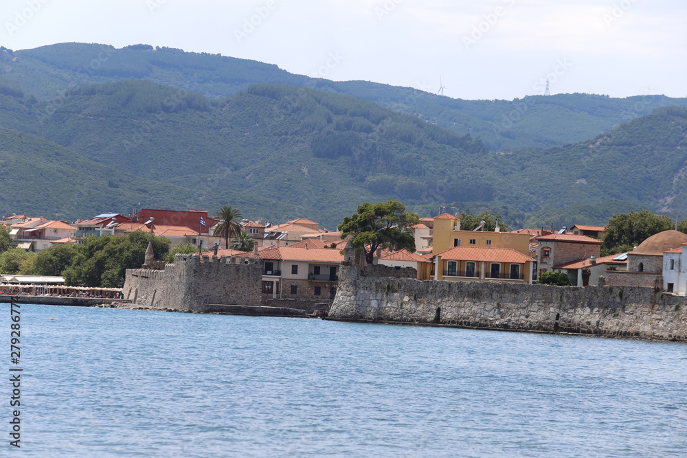 Lepanto, Greece - 18 July 2019: panorama of the village seen from the beach