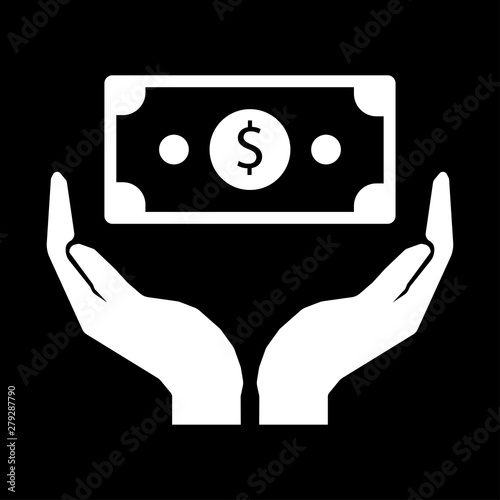Hands and paper money. Dollar. Take care money sign. White on black background