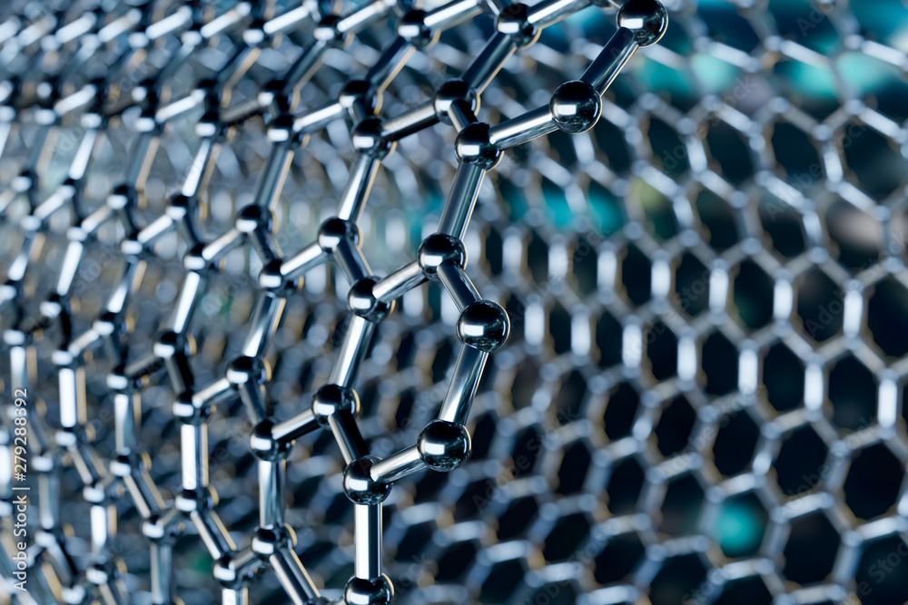 Graphene molecular nano technology structure on a blue background - 3d rendering Graphene molecular nano technology structure on a blue background - 3d rendering