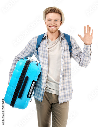 Young tourist on white back...