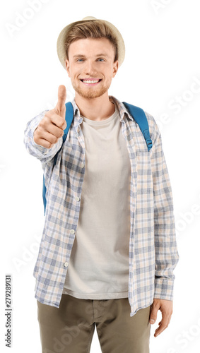 Young tourist showing thumb...
