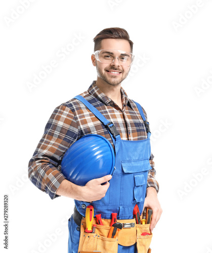 Male electrician on white background