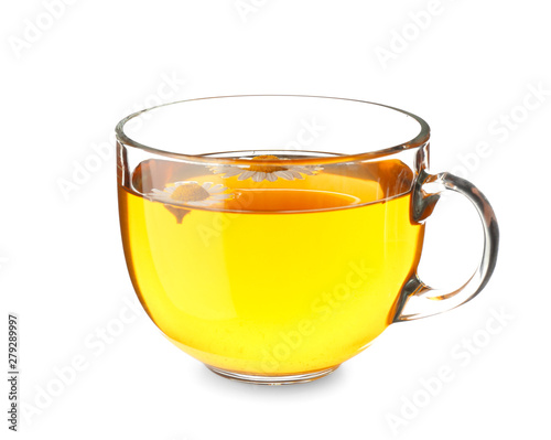 Cup of hot chamomile tea on white background