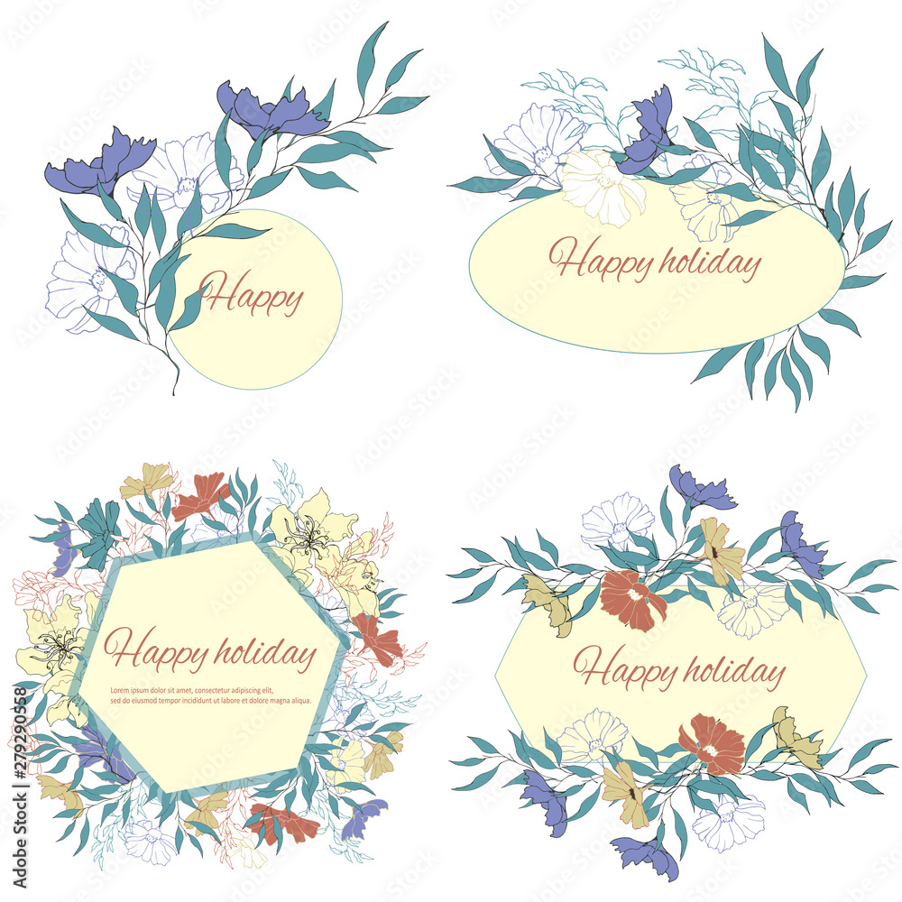 Set of text frames with delicate watercolor flowers. Romantic templates for cards, greetings, invitations. Vintage flowers, vector illustration.