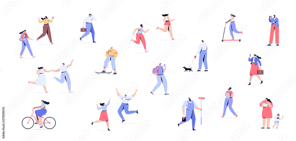 People background. Crowd of people walking on street horizontal banner. Men and women flat vector set. Different walking and running people. Male and female. Flat vector characters
