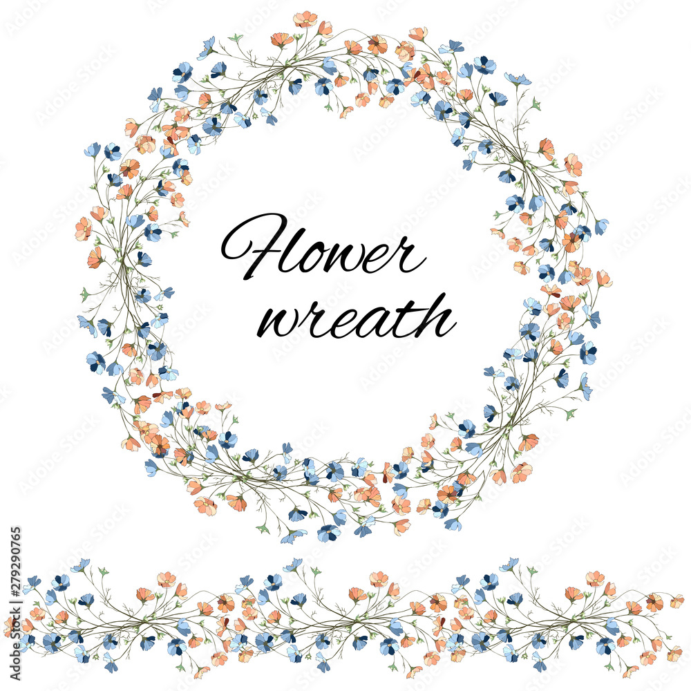 Set of vector flowers. Vector wreath of multi-colored daisies. Vector brush for decorating cards, designer greetings Set of vector flowers. Vector wreath of multi-colored daisies. Vector brush for decorating cards, designer greetings