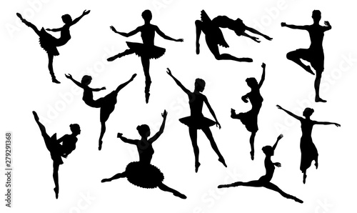 Ballet dancer in silhouette dancing in various poses and positions