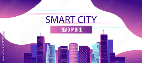 Smart city neon glowing cityscape for website and mobile website. Vector illustration.