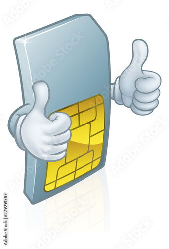 A mobile phone sim card cartoon character mascot giving a double thumbs up.