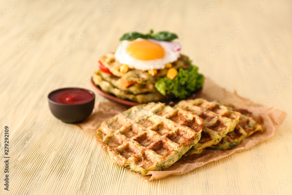 Tasty squash waffles with sauce on wooden table Tasty squash waffles with sauce on wooden table