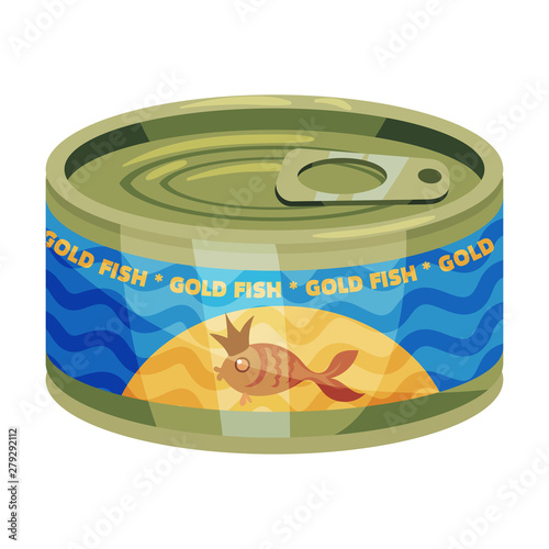 Round tin can with goldfish on the label. Vector illustration on white background.