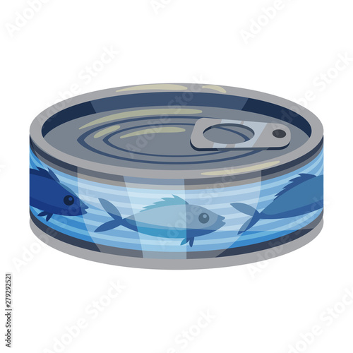 Low round tin can with fish. Vector illustration on white background.