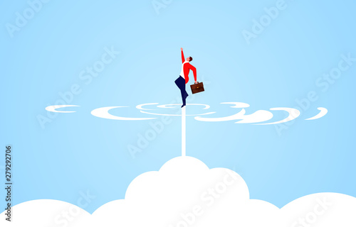 Businessman takes off and rushes out of the clouds
