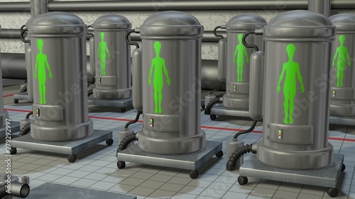 Aliens and humans in cryonic stasis pods . 3d rendering photo