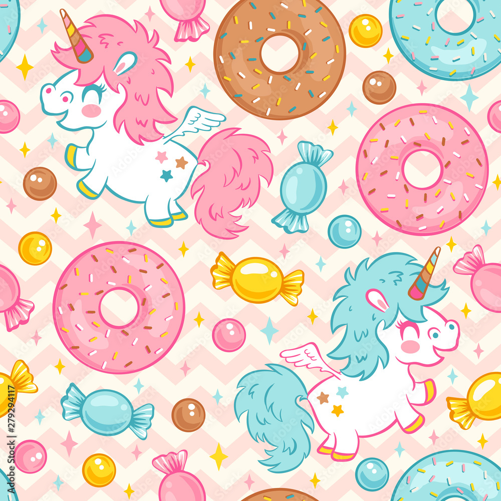 Vector seamless pattern with cute unicorn