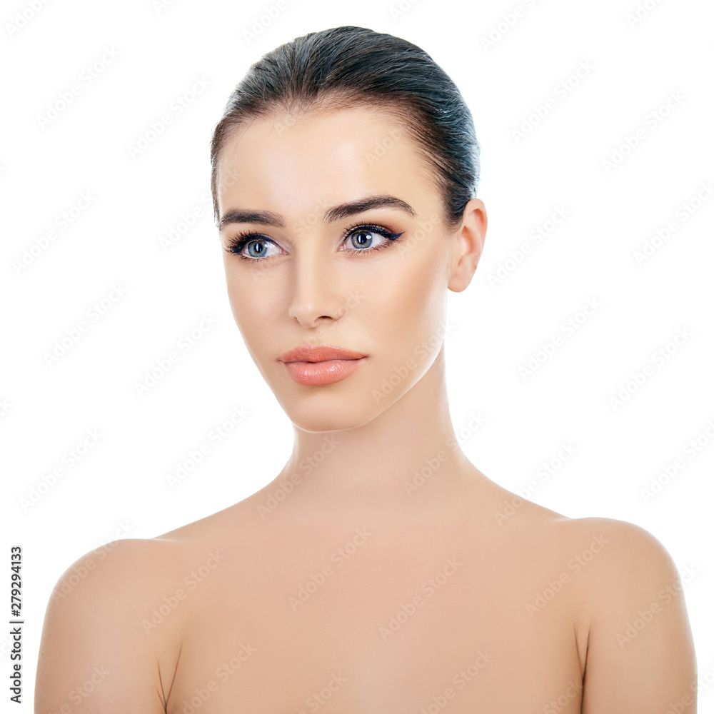 Majestic woman's beauty. Portrait of beautiful girl over white background. Beauty treatment, cosmetology, spa, health care, body and skin care concept. Majestic woman's beauty. Portrait of beautiful girl over white background. Beauty treatment, cosmetology, spa, health care, body and skin care concept.