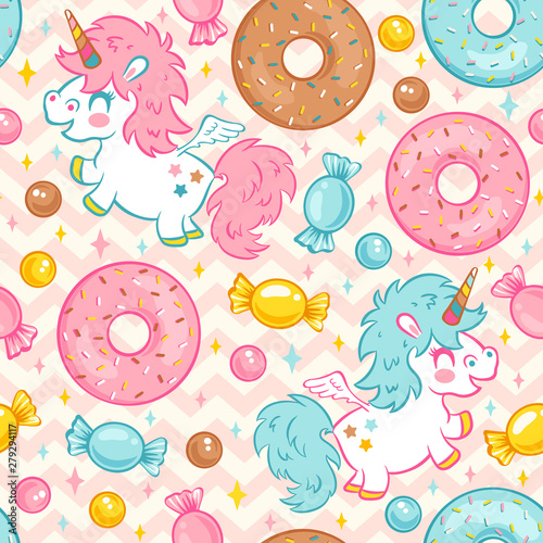 Vector seamless pattern with cute unicorn