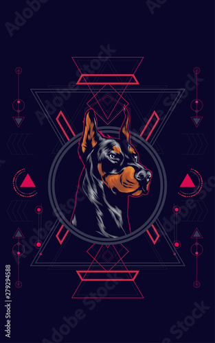 Dog head illustration with sacred geometry pattern as the background