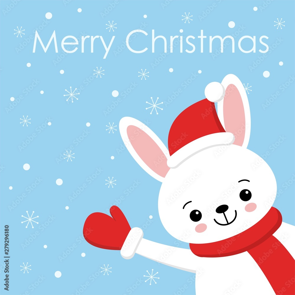 Cute rabbit card. Santa Claus hat on bunny vector illustration. New Year square banner with smiling bunny. Winter holiday package design. Flat forest animal. Cute rabbit card. Santa Claus hat on bunny vector illustration. New Year square banner with smiling bunny. Winter holiday package design. Flat forest animal.