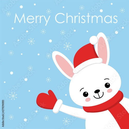 Cute rabbit card. Santa Claus hat on bunny vector illustration. New Year square banner with smiling bunny. Winter holiday package design. Flat forest animal.