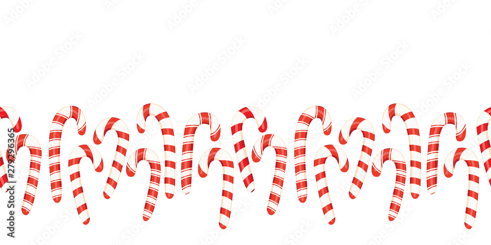 Red and White Holiday Christmas and New Year Candy Canes Horizontal Vector Seamless Border