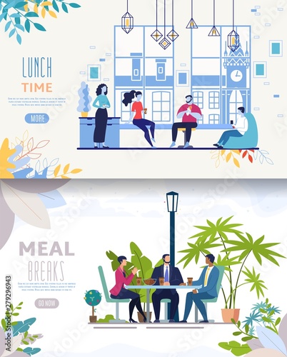 Lunching Businesspeople Flat Vector Web Banner Set