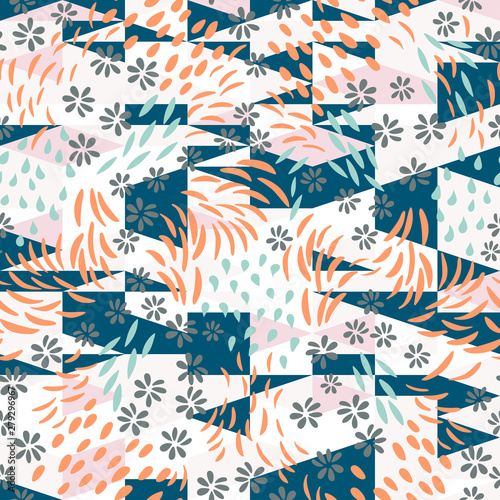Vector  seamless abstract background with floral and geometric shapes in pastel colors.