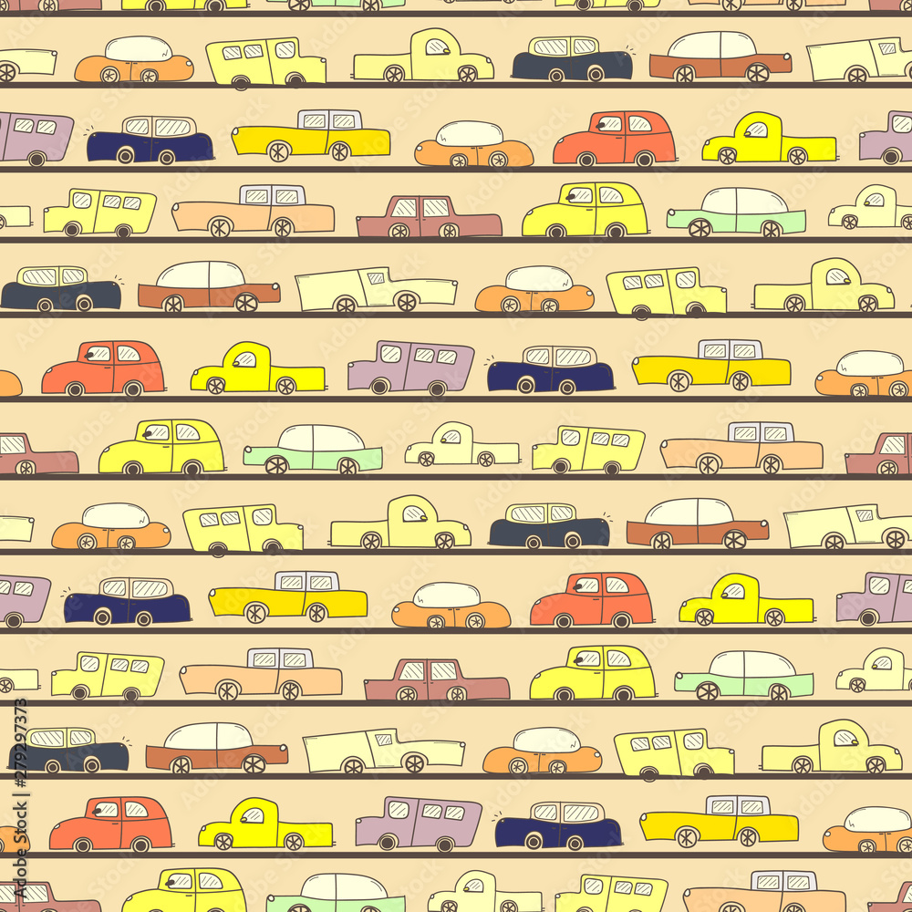 Seamless pattern with car doodle pattern background. Vector illustrations for gift wrap design.