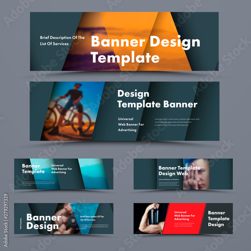 Big set of horizontal black web banners in the style of material design with space for photos and soaring elements with shadow.