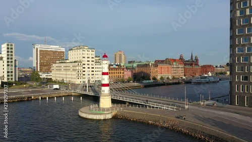 Lighthouse and bridge in the harbor of Malmo, Swedem, view from above photo