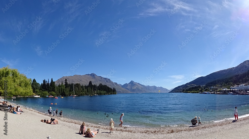 Landscape with mountain and Lake Wakatipu in Queenstown, New Zealand
