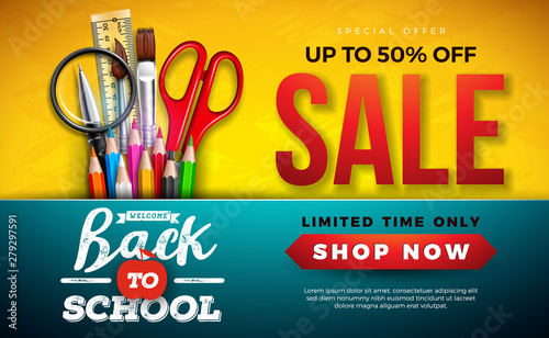 Back to School Sale Design with Colorful Pencil, Brush and Scissors on Yellow Background. Vector Illustration with Special Offer Typography Elements for Coupon, Voucher, Banner, Flyer, Poster