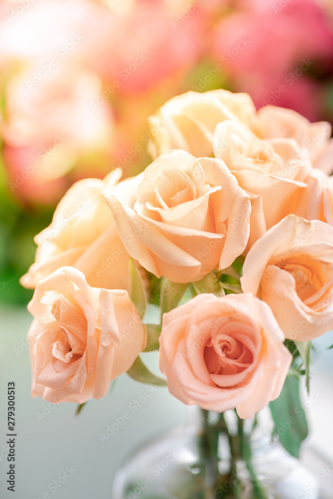 Close up of orange rose bouquet in the vase Close up of orange rose bouquet in the vase