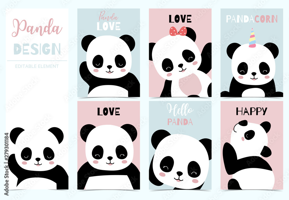 Fototapeta premium Collection of birthday background set with panda.Editable vector illustration for birthday invitation,postcard and sticker.Wording include hello