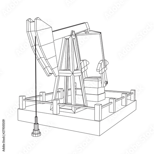 Oil well rig jack. Finance economy polygonal petrol production. Petroleum fuel industry pumpjack derricks pumping drilling. Wireframe low poly mesh vector illustration
