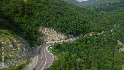 Aerial view from drone - serpentine road, mountain pass in Sochi, Russia.