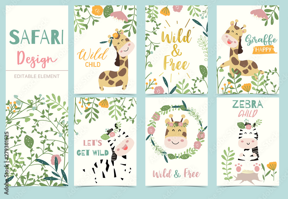 Collection of safari background set with head giraffe,flower,zebra,lion.Editable vector illustration for birthday invitation,postcard and sticker.Wording include wild and free